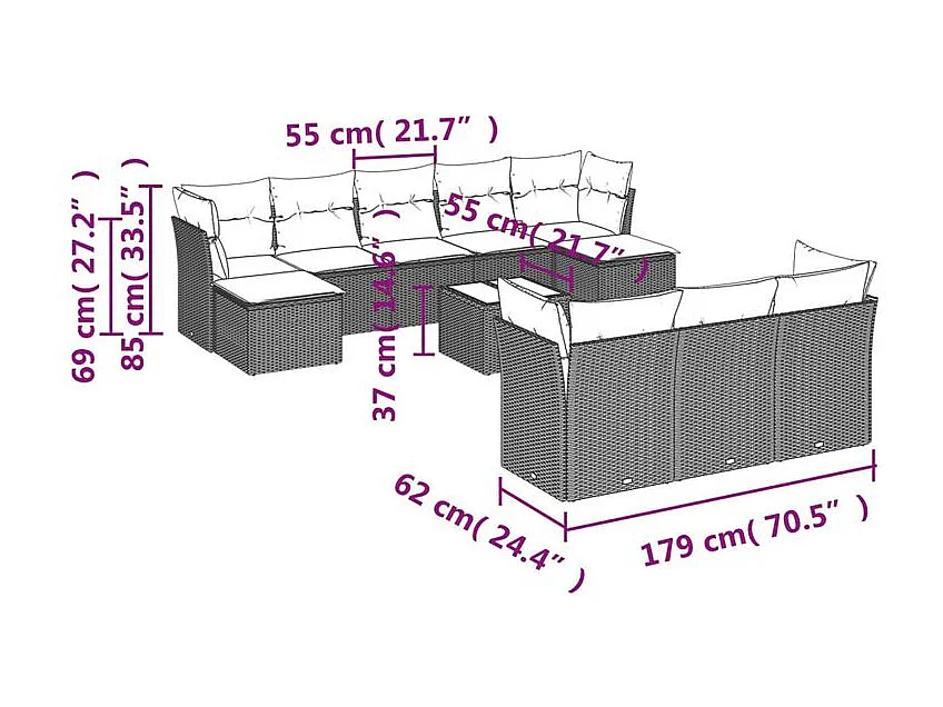 Salon de jardin et coussins 11 pcs marron résine tressée