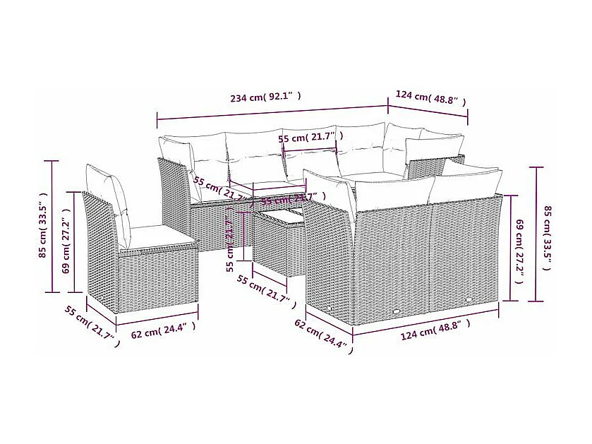 Salon de jardin avec coussins 9 pcs marron résine tressée