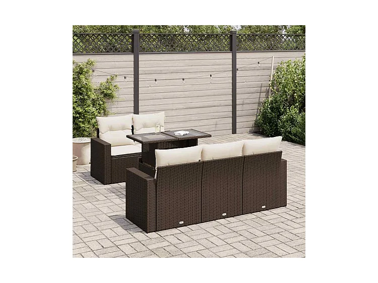 Salon de jardin avec coussins 6 pcs marron résine tressée