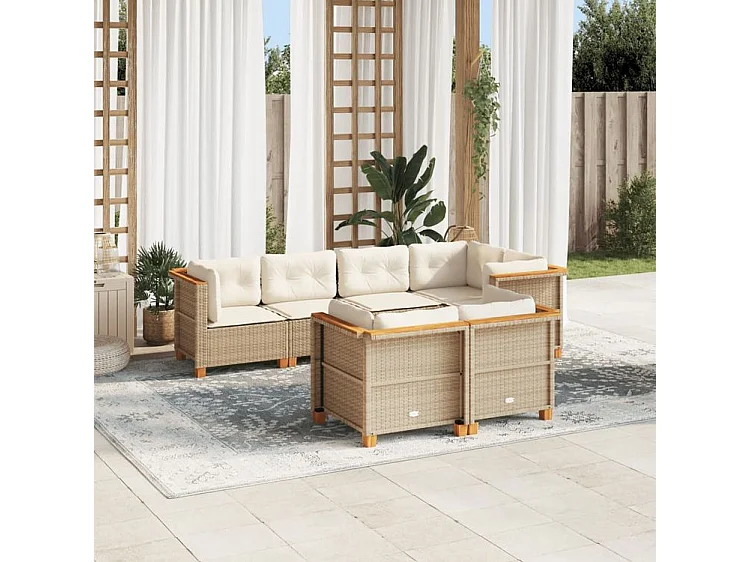 Salon de jardin avec coussins 7 pcs beige résine tressée