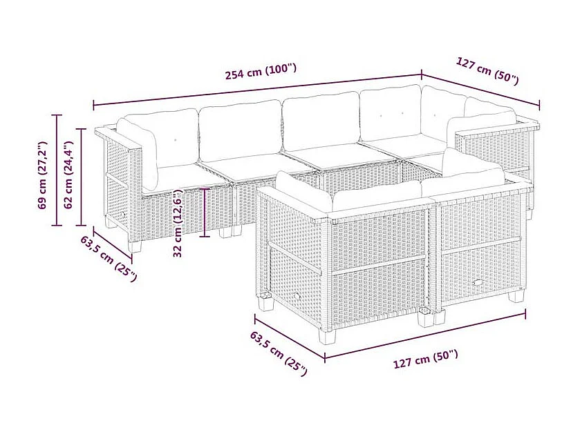 Salon de jardin avec coussins 7 pcs beige résine tressée