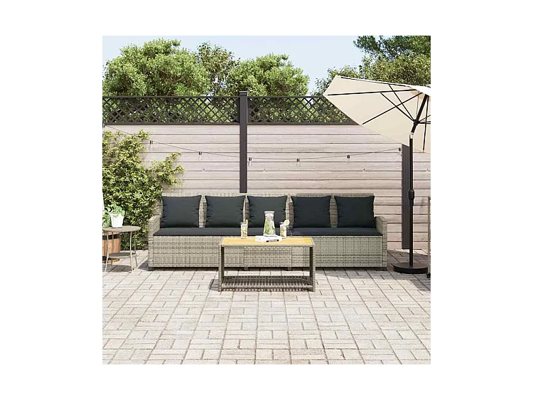 Canapé de jardin et coussins 5 places gris clair résine tressée