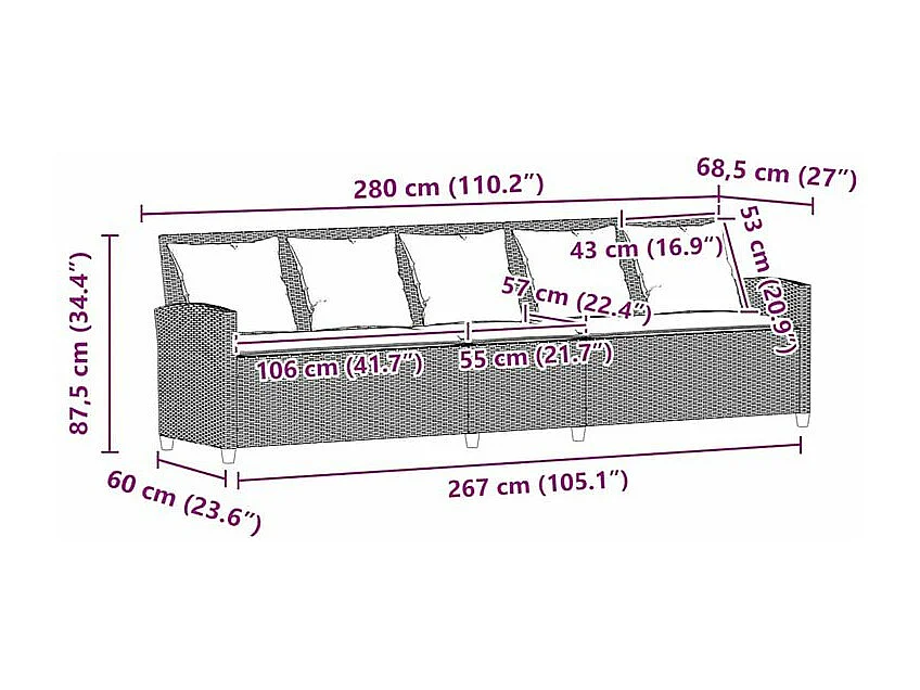 Canapé de jardin et coussins 5 places gris clair résine tressée