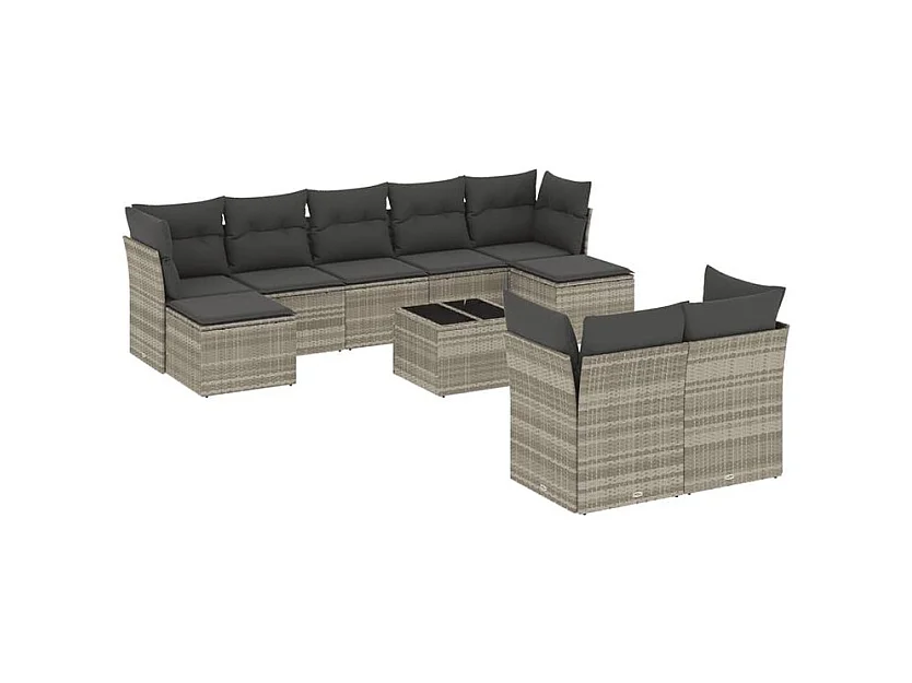 Salon de jardin avec coussins 10 pcs gris clair résine tressée