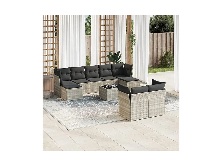 Salon de jardin avec coussins 10 pcs gris clair résine tressée