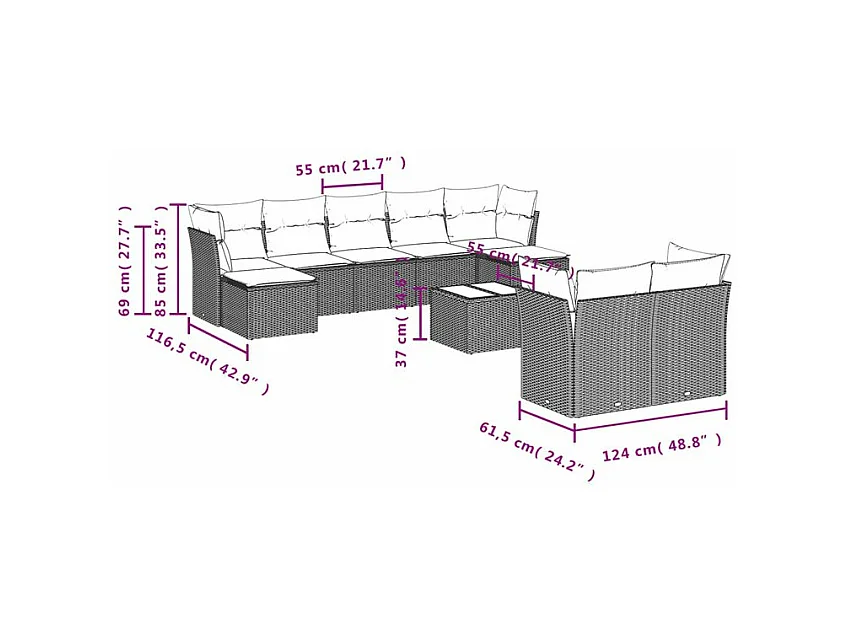 Salon de jardin avec coussins 10 pcs gris clair résine tressée