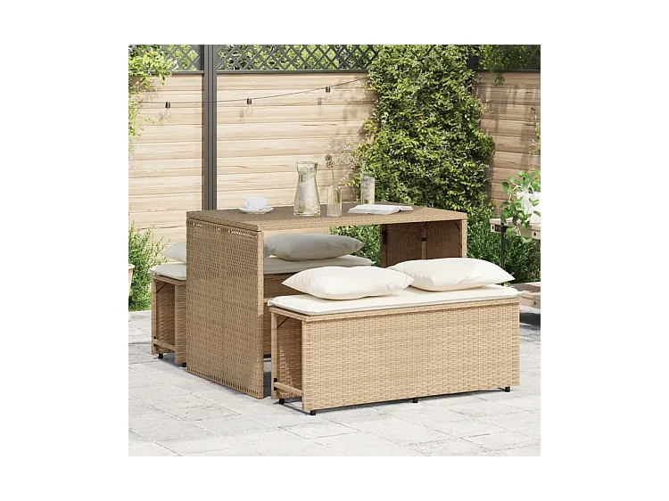 Ensemble à manger de jardin et coussins 3 pcs Beige poly rotin