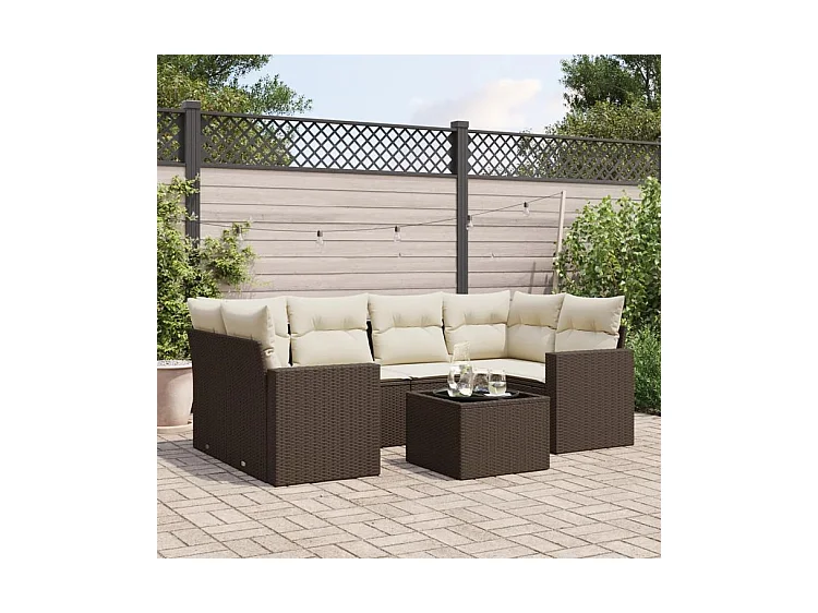 Salon de jardin avec coussins 7 pcs marron résine tressée