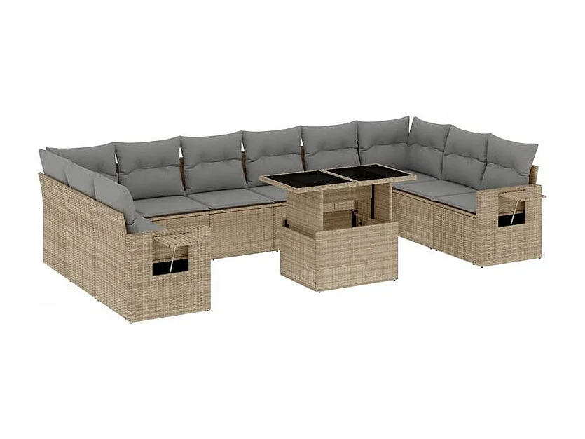 Salon de jardin 11 pcs avec coussins beige résine tressée
