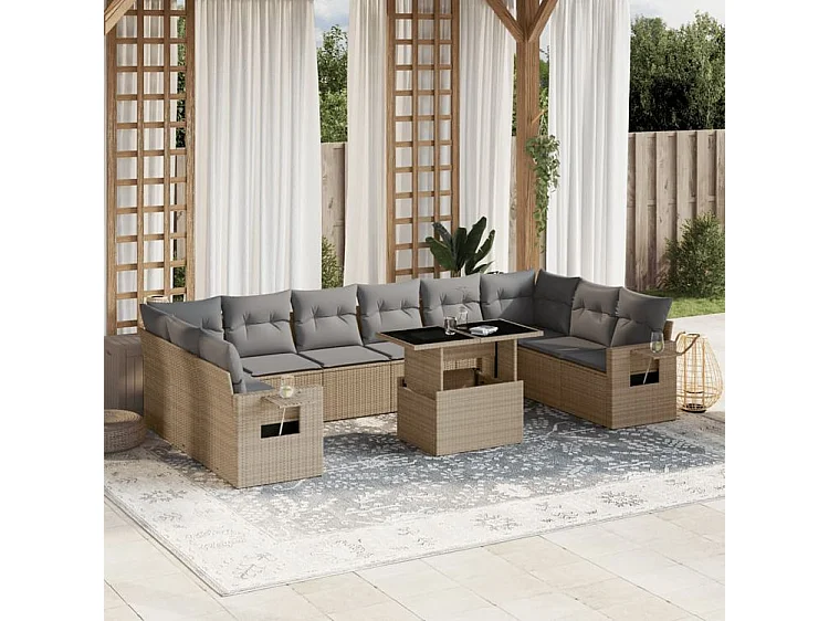 Salon de jardin 11 pcs avec coussins beige résine tressée