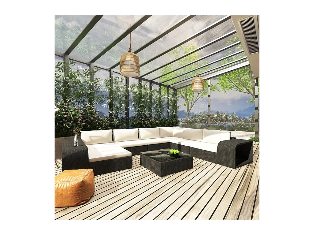 Salon de jardin 10 pcs avec coussins Résine tressée Noir 27