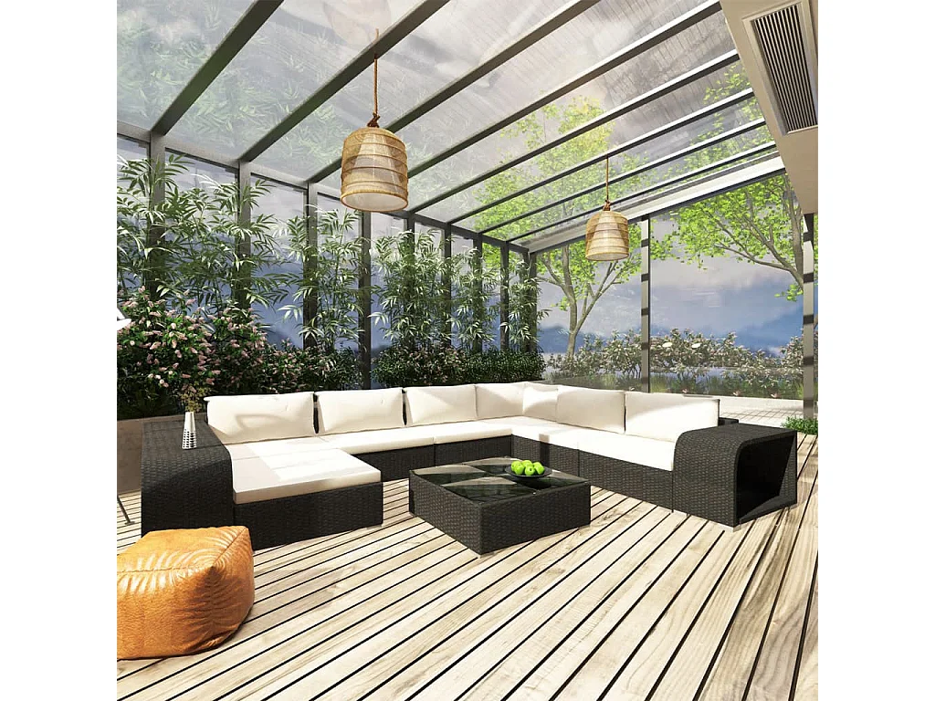 Salon de jardin 10 pcs avec coussins Résine tressée Noir 27