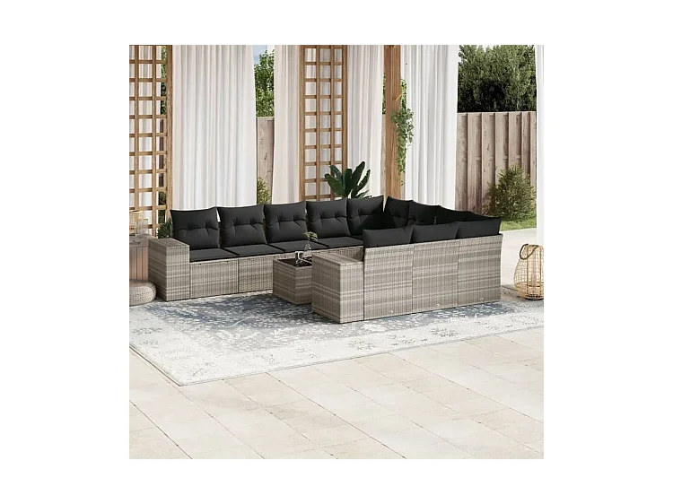 Salon de jardin 11 pcs avec coussins gris clair résine tressée