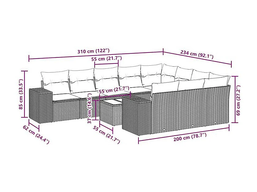 Salon de jardin 11 pcs avec coussins gris clair résine tressée