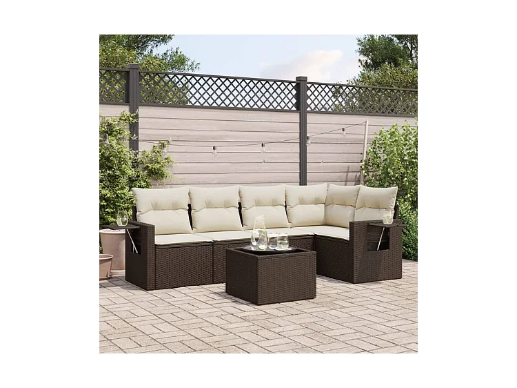 Salon de jardin avec coussins 6 pcs marron résine tressée