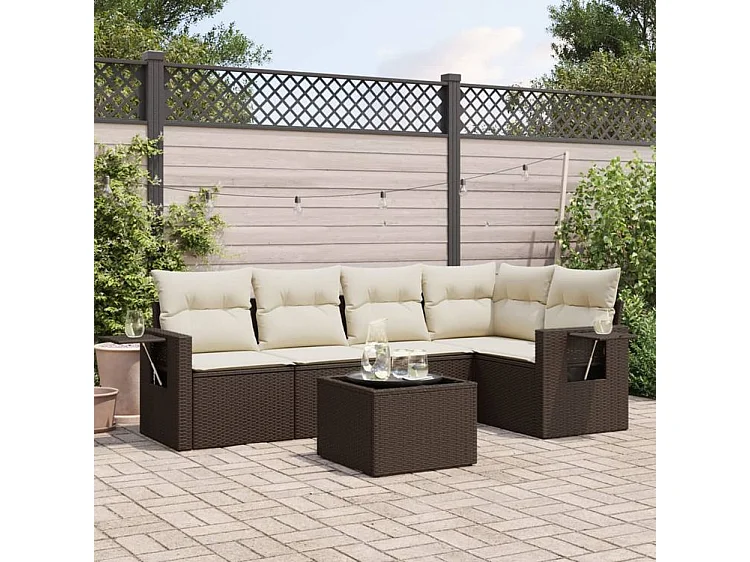 Salon de jardin avec coussins 6 pcs marron résine tressée