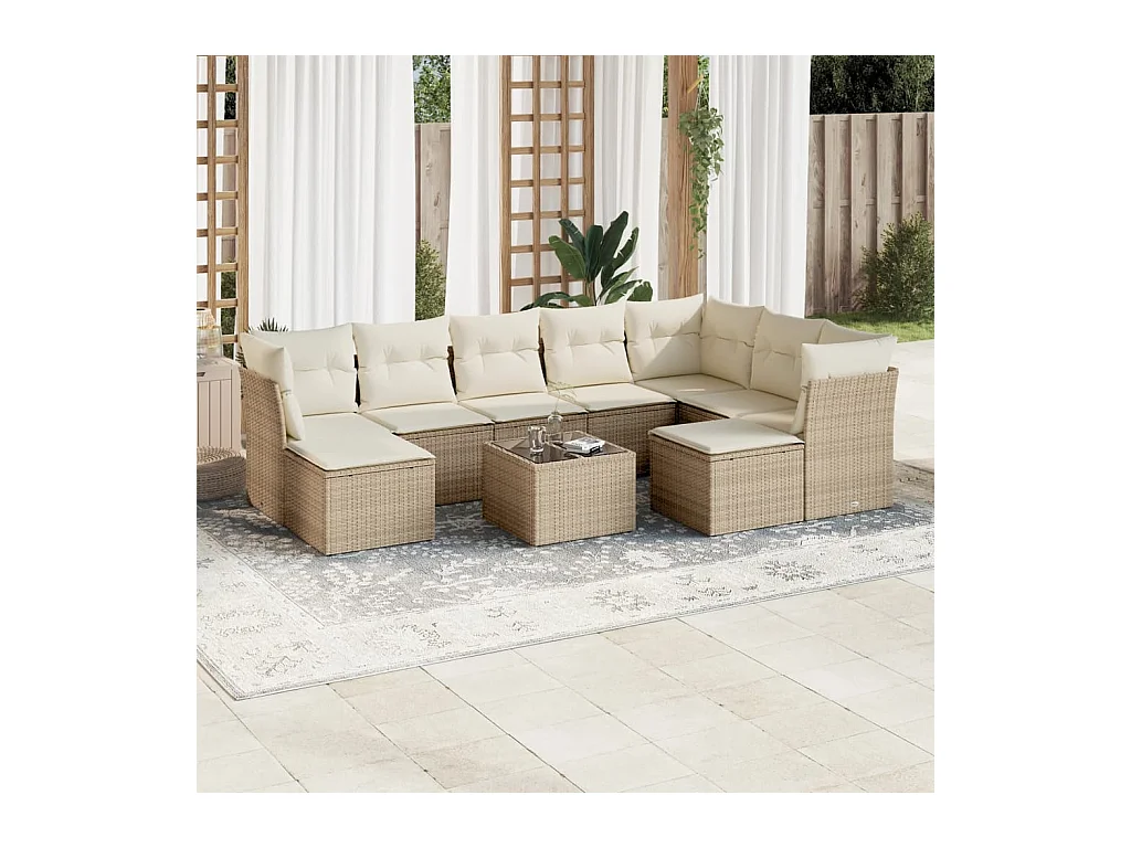 Salon de jardin avec coussins 10 pcs beige résine tressée
