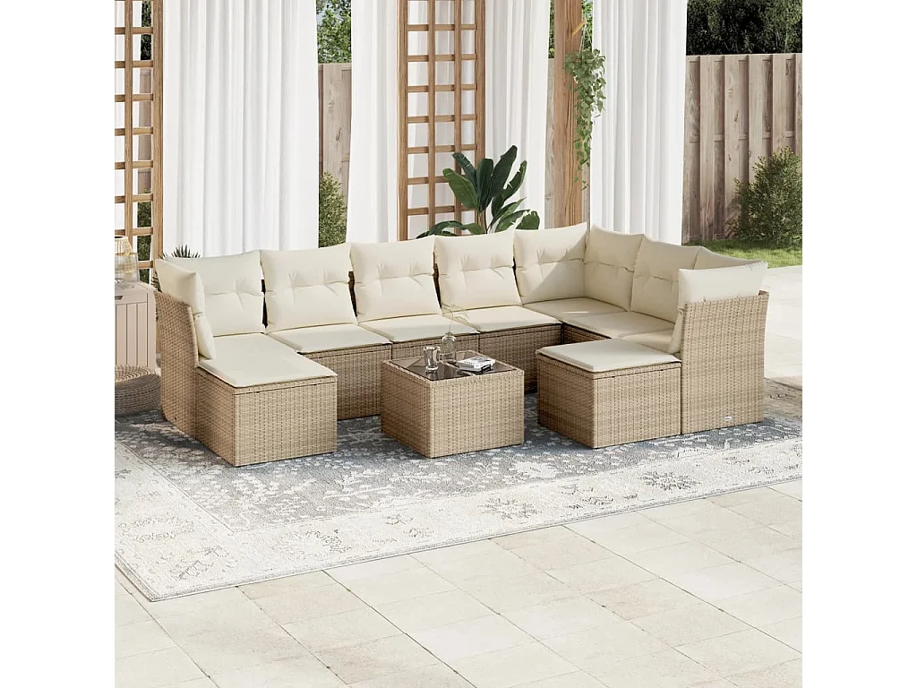 Salon de jardin avec coussins 10 pcs beige résine tressée