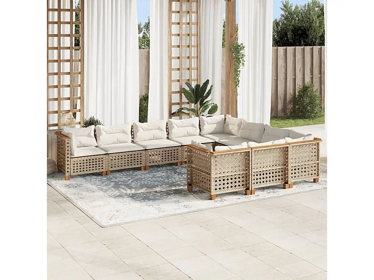 Salon de jardin avec coussins 10 pcs beige résine tressée