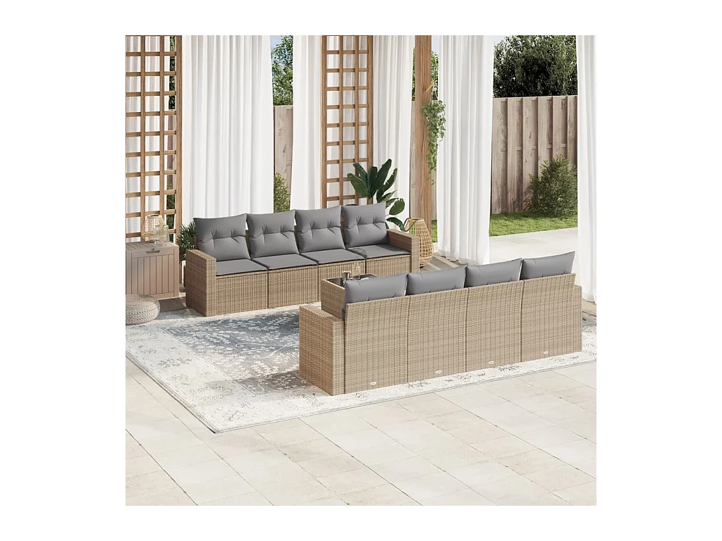 Salon de jardin avec coussins 9 pcs beige résine tressée