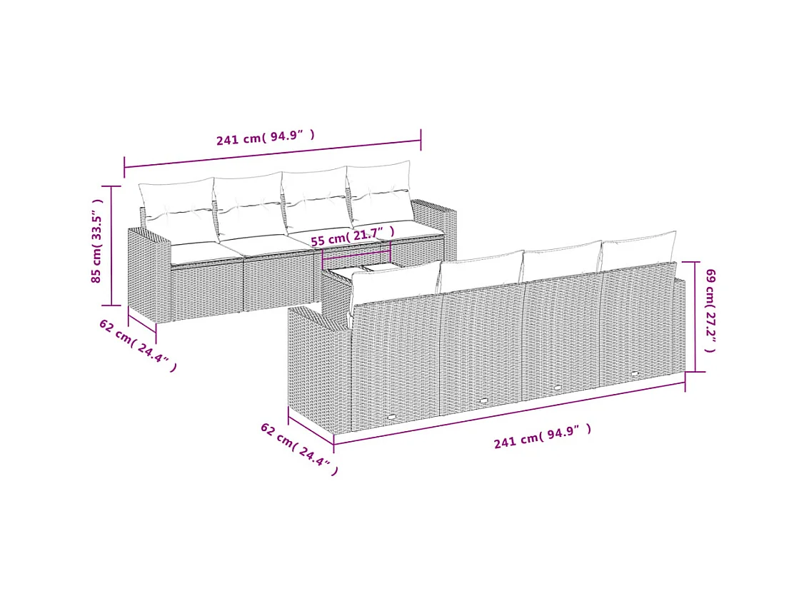 Salon de jardin avec coussins 9 pcs beige résine tressée