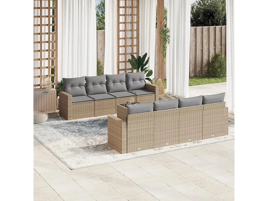 Salon de jardin avec coussins 9 pcs beige résine tressée