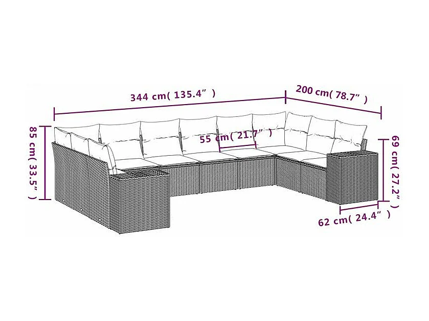 Salon de jardin 10 pcs avec coussins marron résine tressée