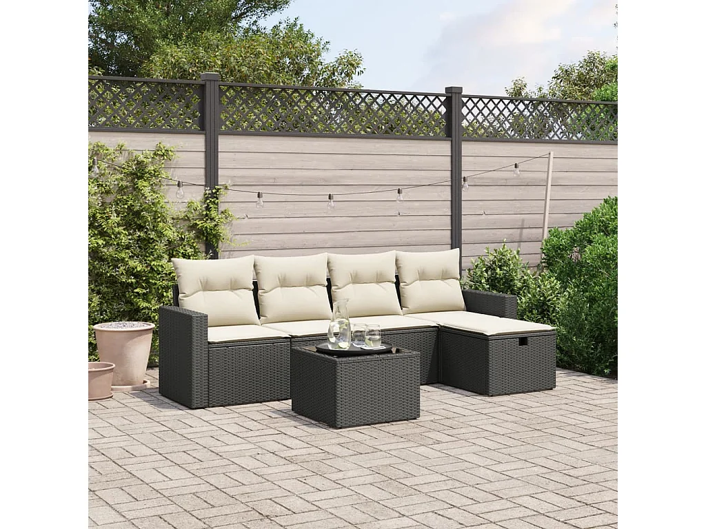 Salon de jardin 6 pcs avec coussins noir résine tressée