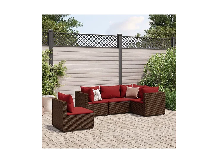 Salon de jardin 5 pcs avec coussins Marron Résine tressée