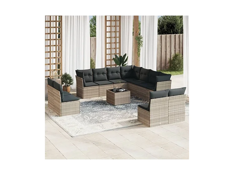 Salon de jardin avec coussins 12 pcs gris clair résine tressée