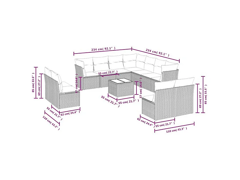 Salon de jardin avec coussins 12 pcs gris clair résine tressée
