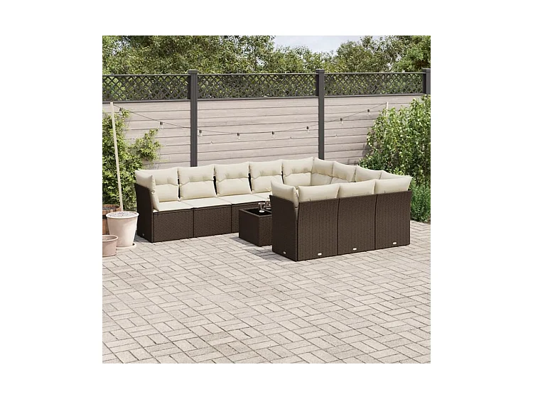 Salon de jardin et coussins 11 pcs marron résine tressée