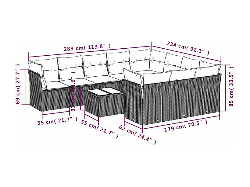 Salon de jardin et coussins 11 pcs marron résine tressée