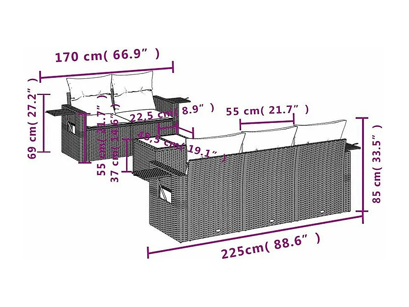 Salon de jardin avec coussins 6 pcs marron résine tressée