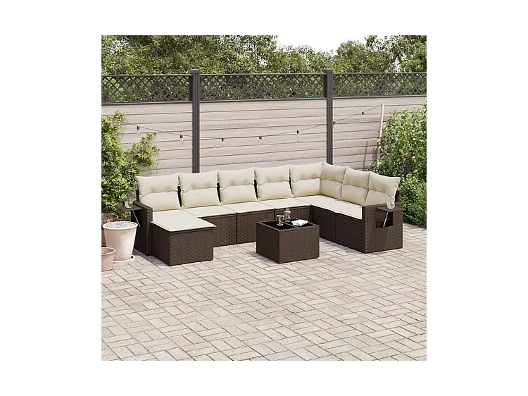 Salon de jardin avec coussins 9 pcs marron résine tressée