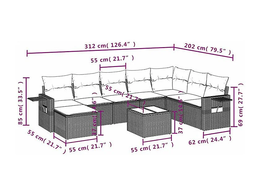 Salon de jardin avec coussins 9 pcs marron résine tressée