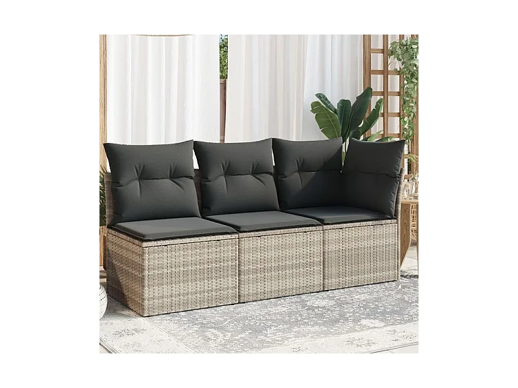 Canapé de jardin et coussins 3 places gris clair résine tressée