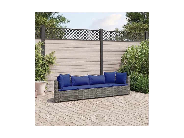 Salon de jardin 4 pcs avec coussins gris résine tressée