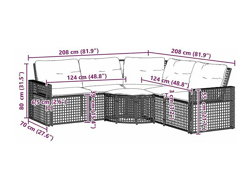 Canapé de jardin et coussins et repose-pied en forme de L rotin