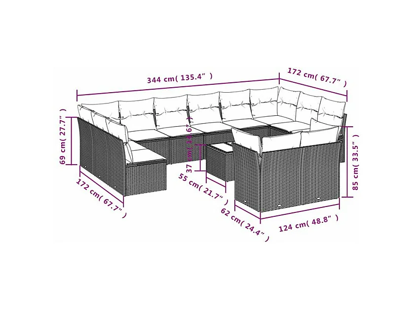 Salon de jardin avec coussins 13 pcs marron résine tressée