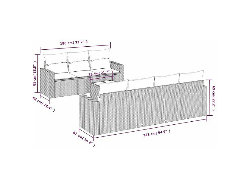 Salon de jardin 8 pcs avec coussins marron résine tressée
