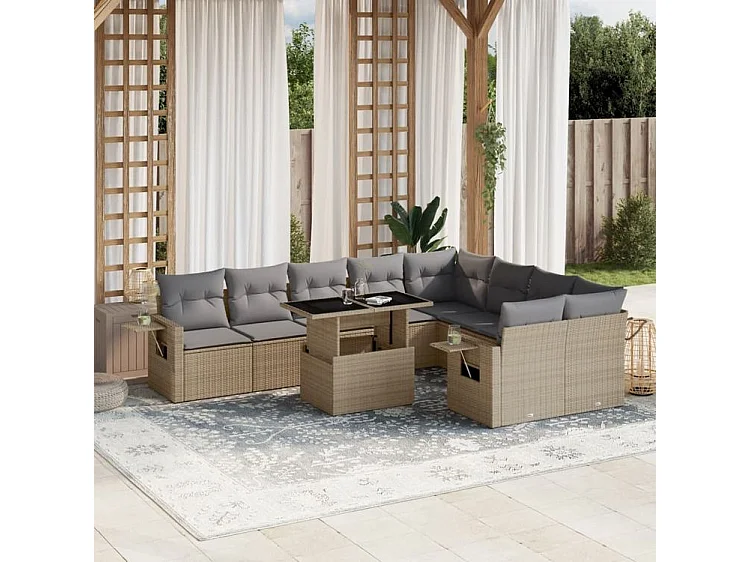 Salon de jardin avec coussins 10 pcs beige résine tressée