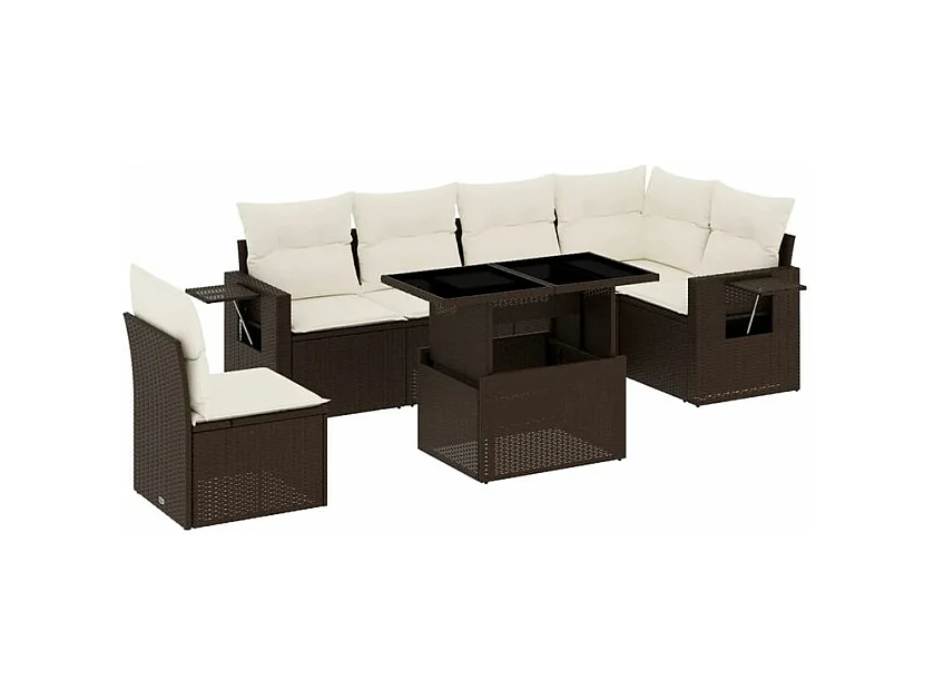 Salon de jardin avec coussins 7 pcs marron résine tressée