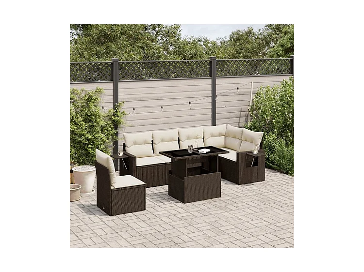 Salon de jardin avec coussins 7 pcs marron résine tressée