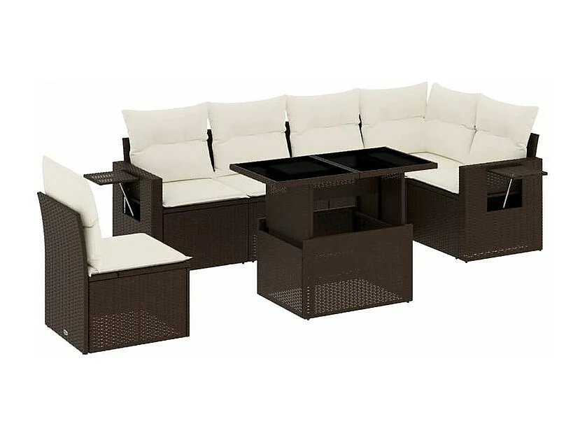 Salon de jardin avec coussins 7 pcs marron résine tressée