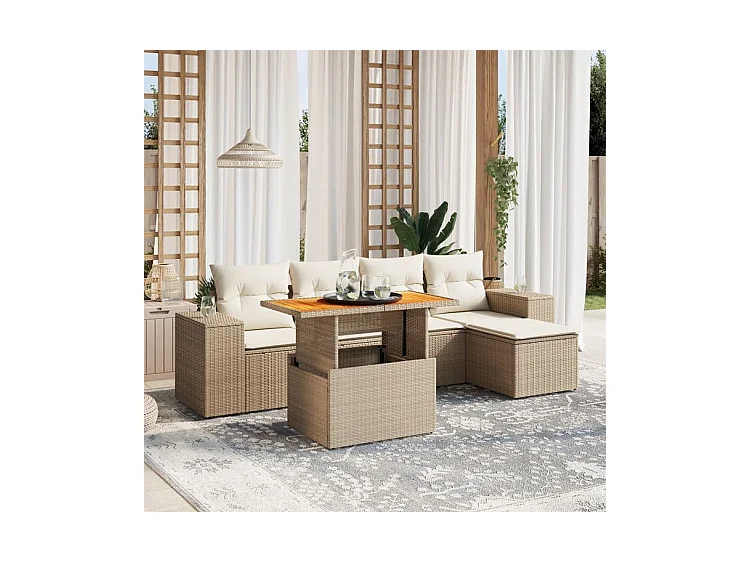 Salon de jardin avec coussins 6 pcs beige résine tressée