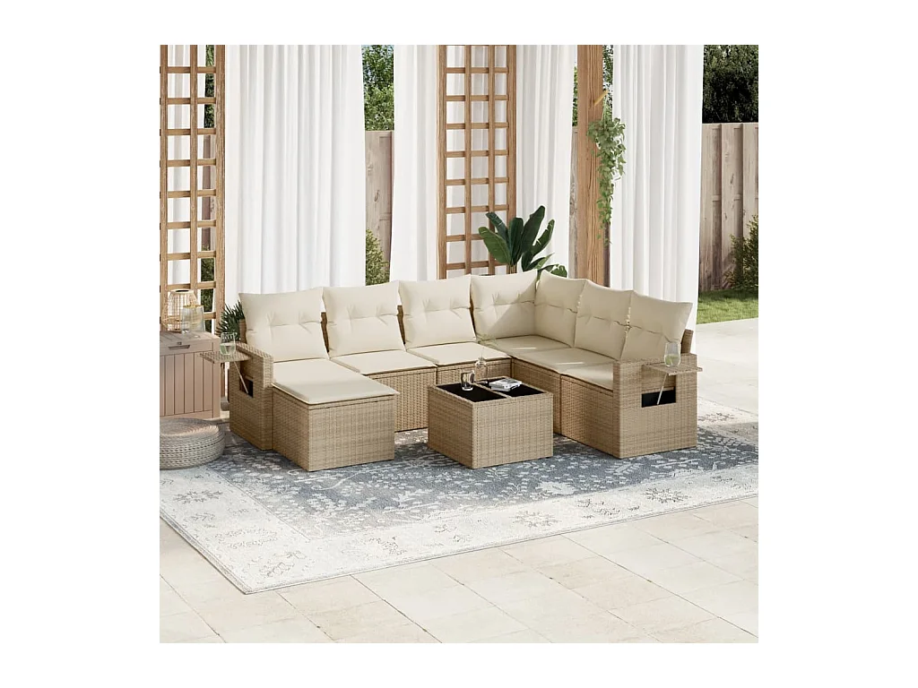Salon de jardin avec coussins 8 pcs beige résine tressée