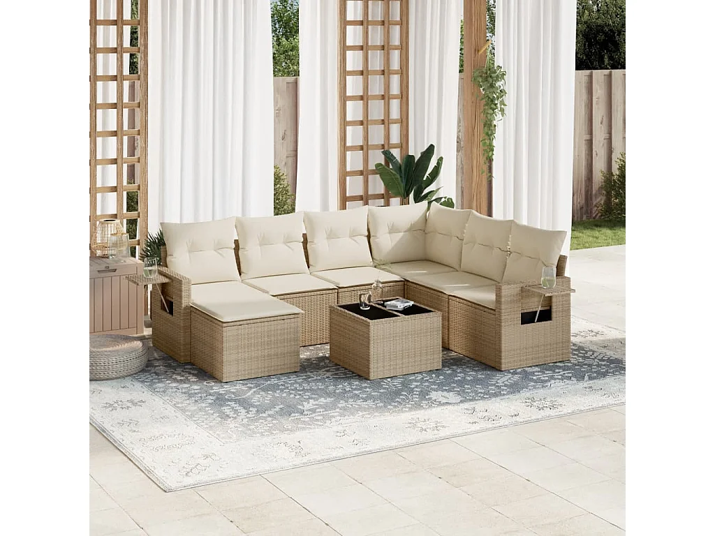 Salon de jardin avec coussins 8 pcs beige résine tressée