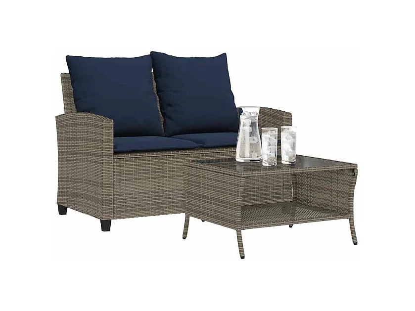 Canapé de jardin 2 places coussins et table gris résine tressée