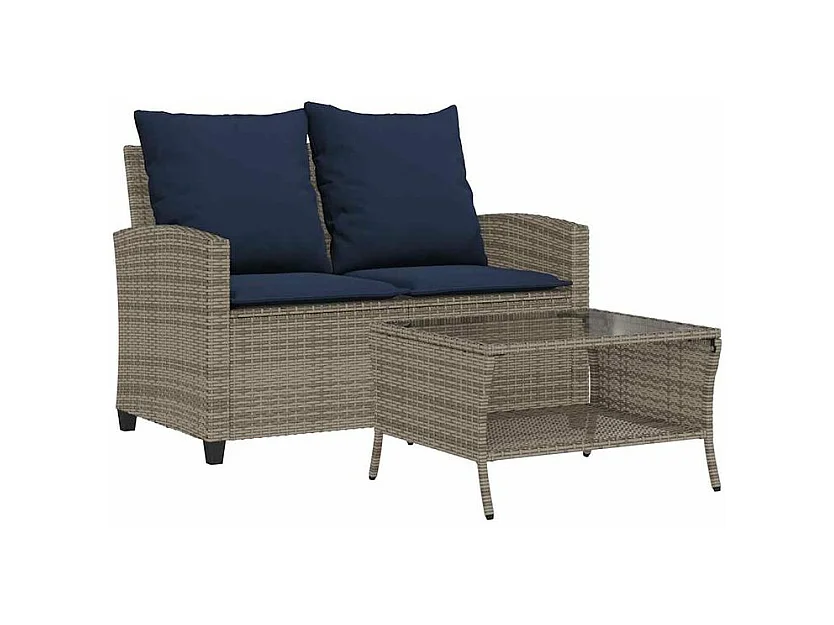 Canapé de jardin 2 places coussins et table gris résine tressée